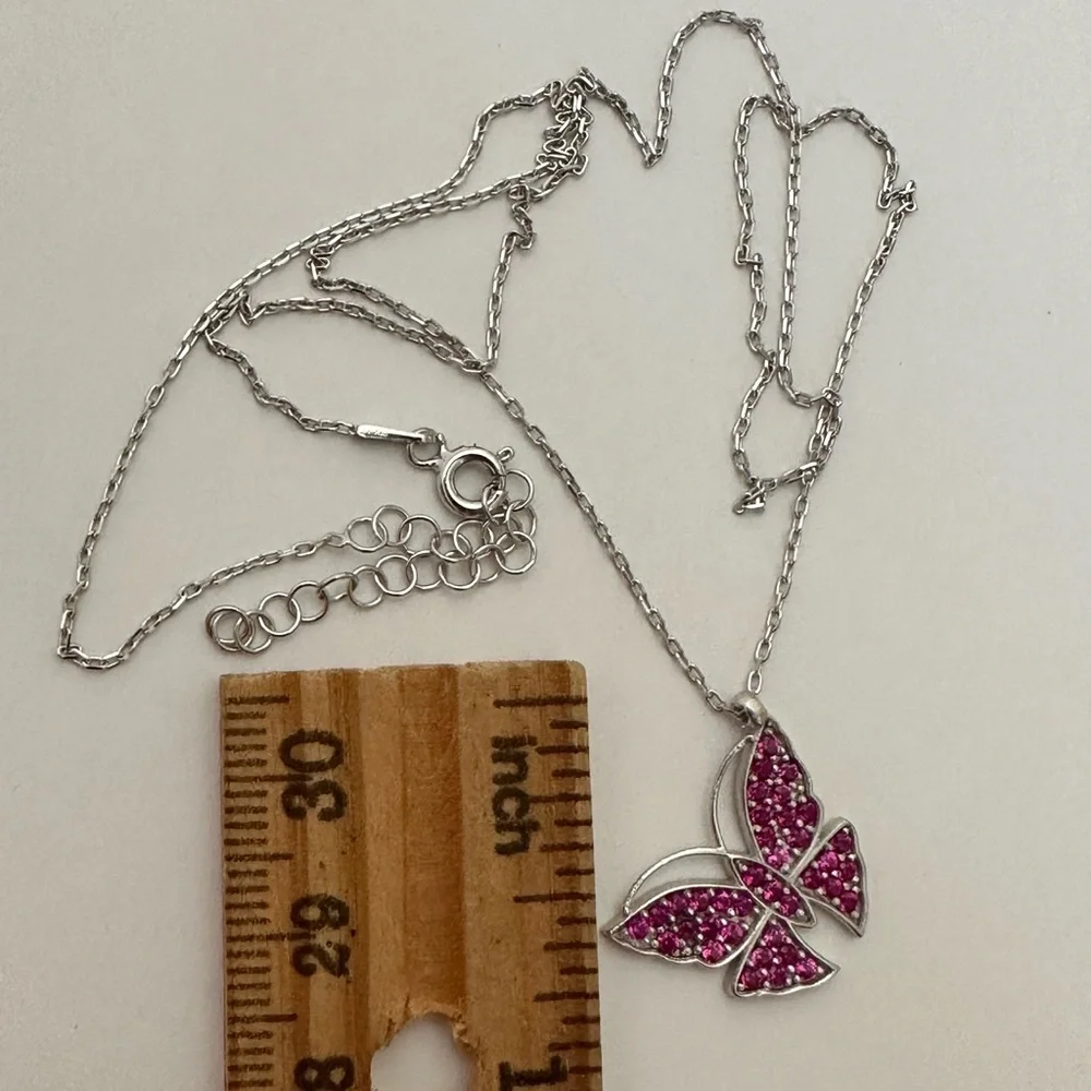 925 Silver pink cz butterfly necklace